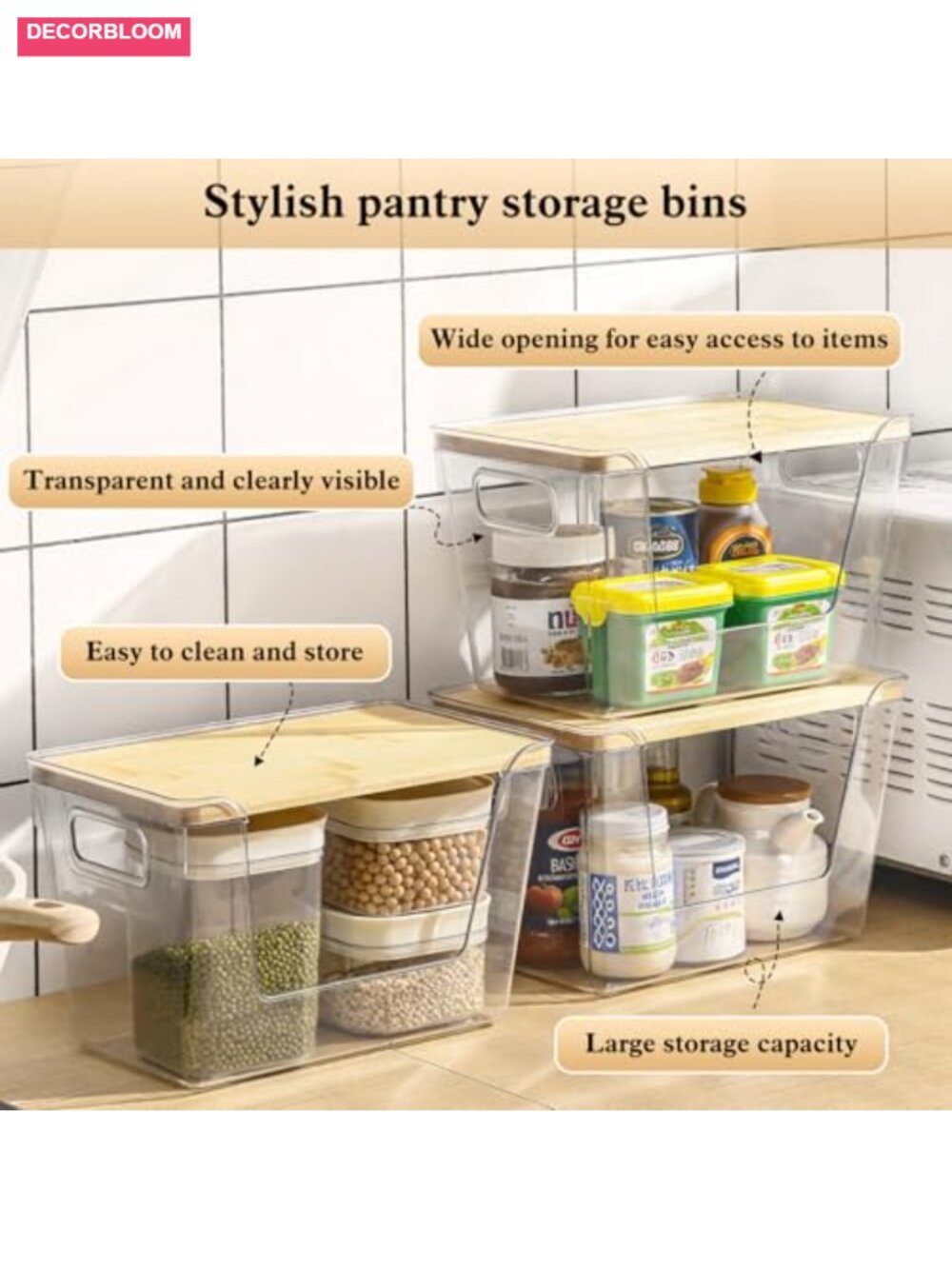 4 Set Stackable Storage Plastic Container with Removable Bamboo Cover - Picture 5 of 6